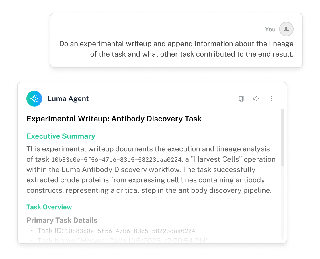 Luma Agent generating an experimental writeup